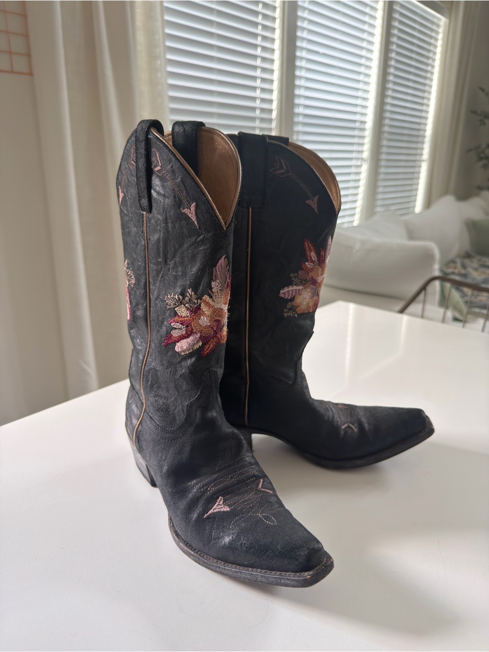 Shyanne Black Leather Western Boots with Pink & Tan Floral Embroidery